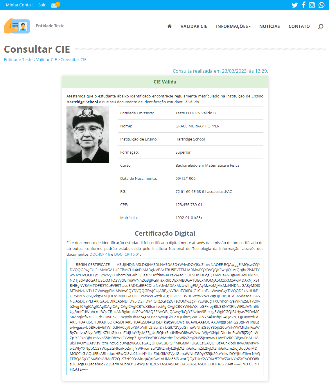 Página de validação de carteira gerada pelo sistema. Dados fictícios.